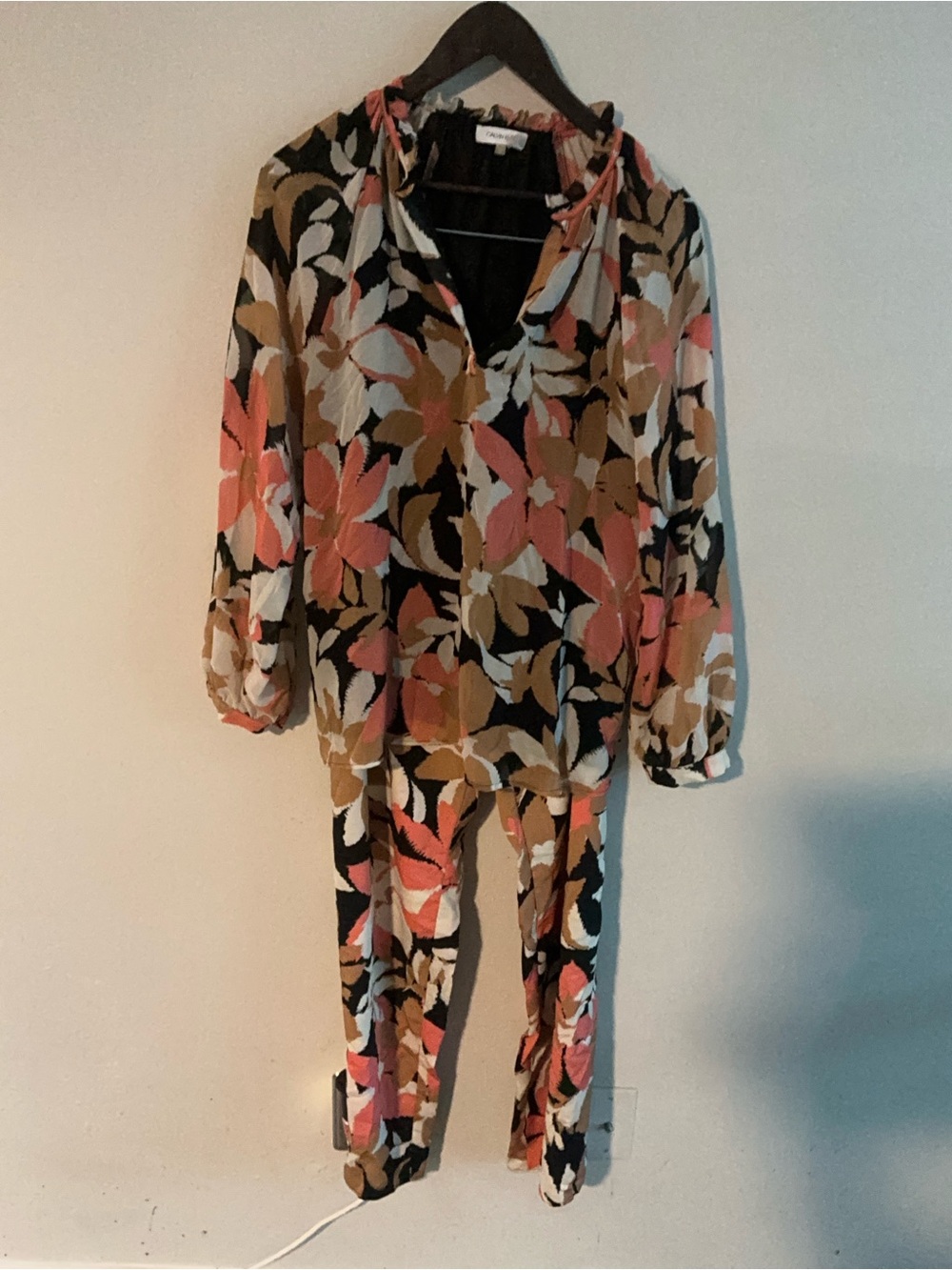 Calvin Klein Black Floral V-Neck Jumpsuit with Pink and Tan Leaves